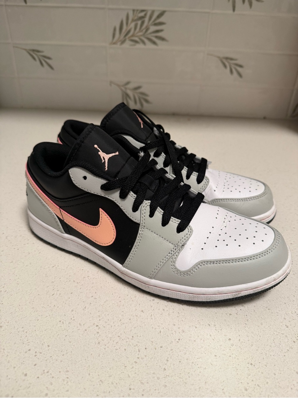 Jordan 1 Low Top Sneakers in Black, White & Peach